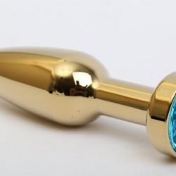 Золотистая анальная пробка с голубым кристаллом - 11,2 см.