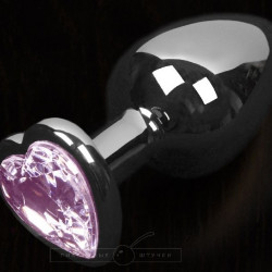 Серая анальная пробка с розовым кристаллом в виде сердечка - 8,5 см.